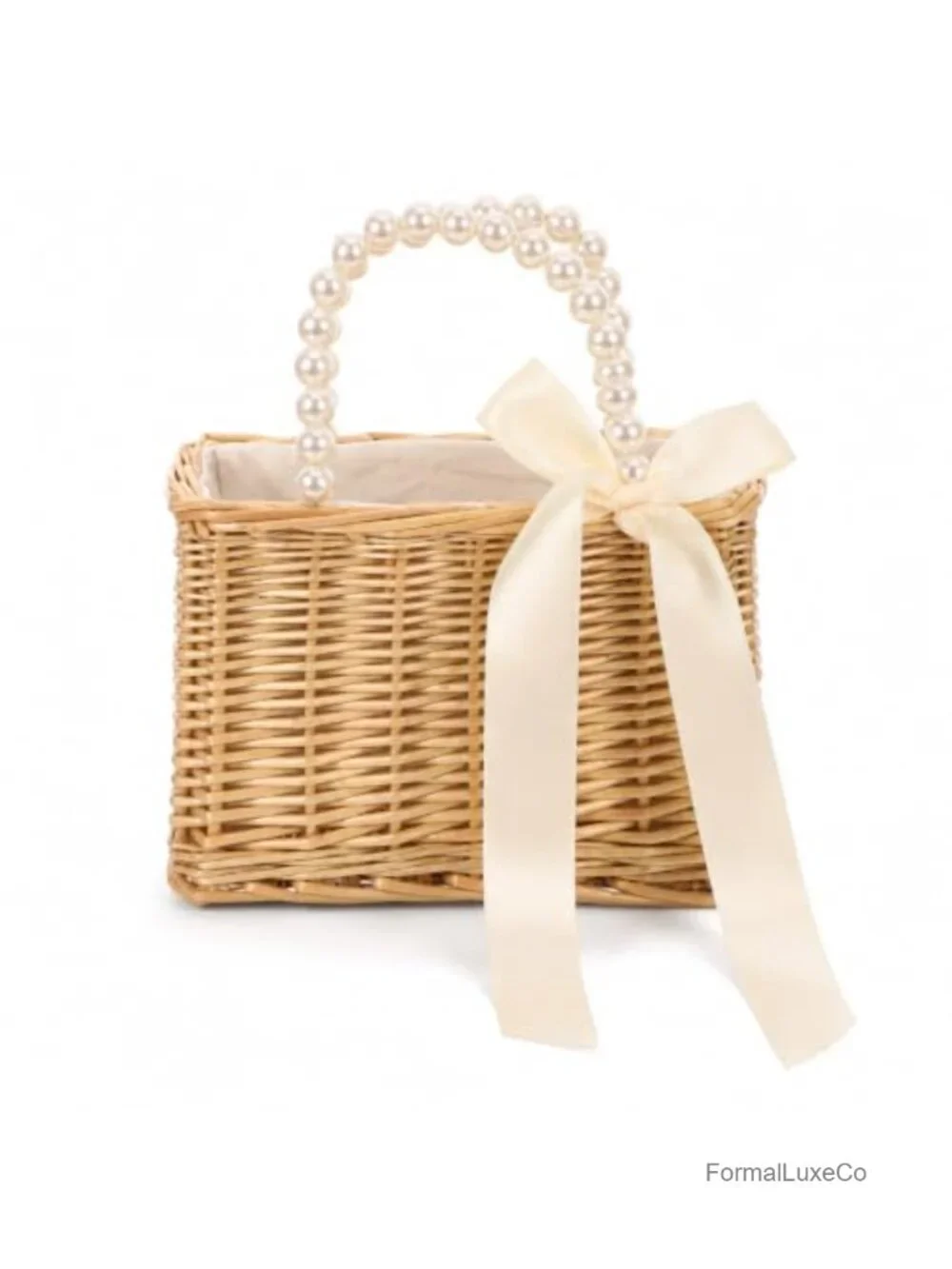 Woven Straw Basket Tote Bag with Pearl Handle Bow Drawstring Closure Summer